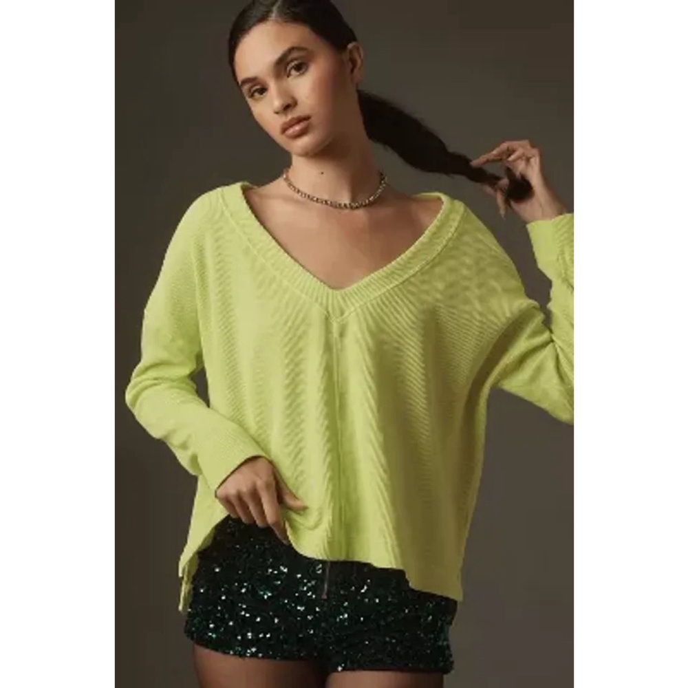 Anthropologie Pilcro Long-Sleeve V-Neck Thermal Top‎ in Lime Green
